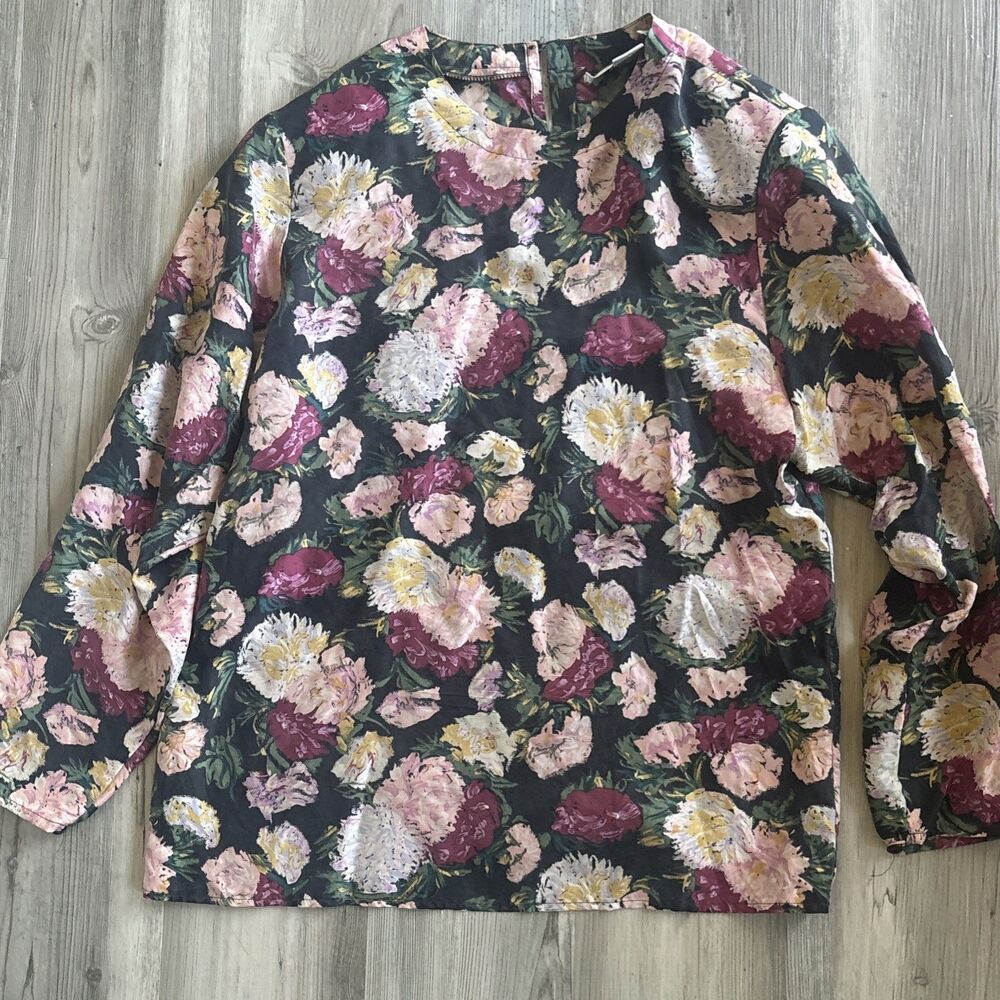 Vintage Pat Argenti  Dark Floral Romantic 80s 90s 100% Long Sleeve Blouse Size 8